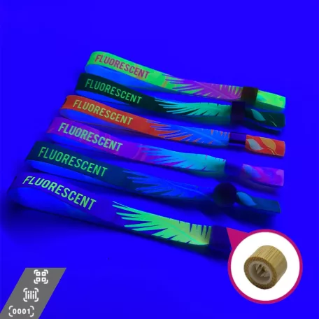 Bratari textile(15x340mm, cu imprimare colora FLUO pe o parte, date variabile) - cu inel din bambus/plastic de inca folosinta