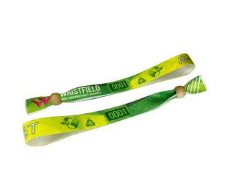   Bratari textile R-PET (din sticle PET reciclate, 15x340mm, cu imprimare color pe o parte, date variabile) - reutilizabila cu margele de bambus