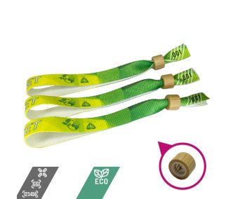   Bratari textile R-PET (din sticle PET reciclate, 15x340mm, cu imprimare color pe o parte, date variabile) - cu inel din bambus/plastic cu autoînchidere