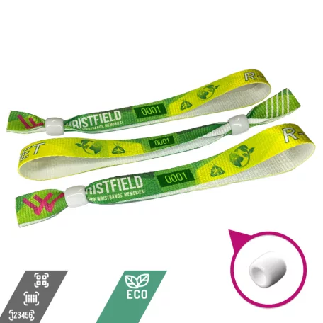 Bratari textile R-PET (din sticle PET reciclate, 15x340mm, cu imprimare color pe o parte, date variabile) - cu inel din plastic reutilizabil - EXPRESS